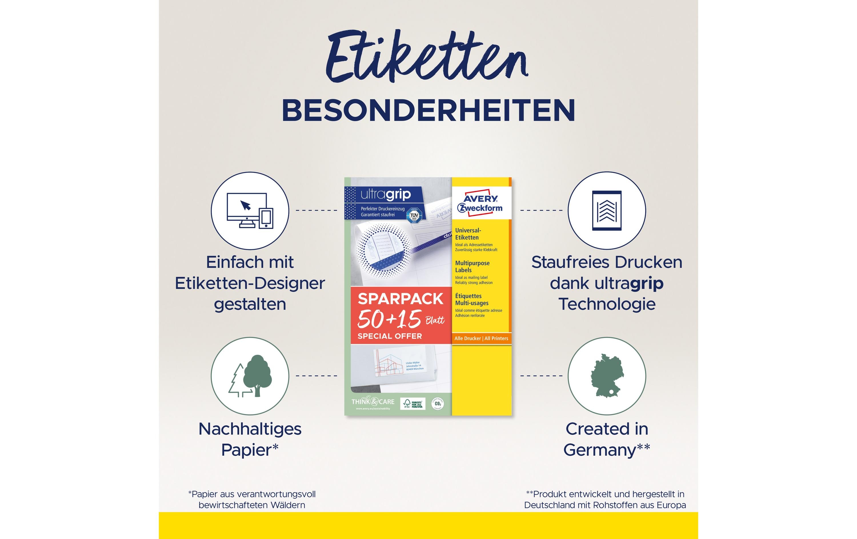 Avery Zweckform 4781-65 Universal-Etiketten 97 x 42,3 mm A4 65 Blatt Permanent Weiß