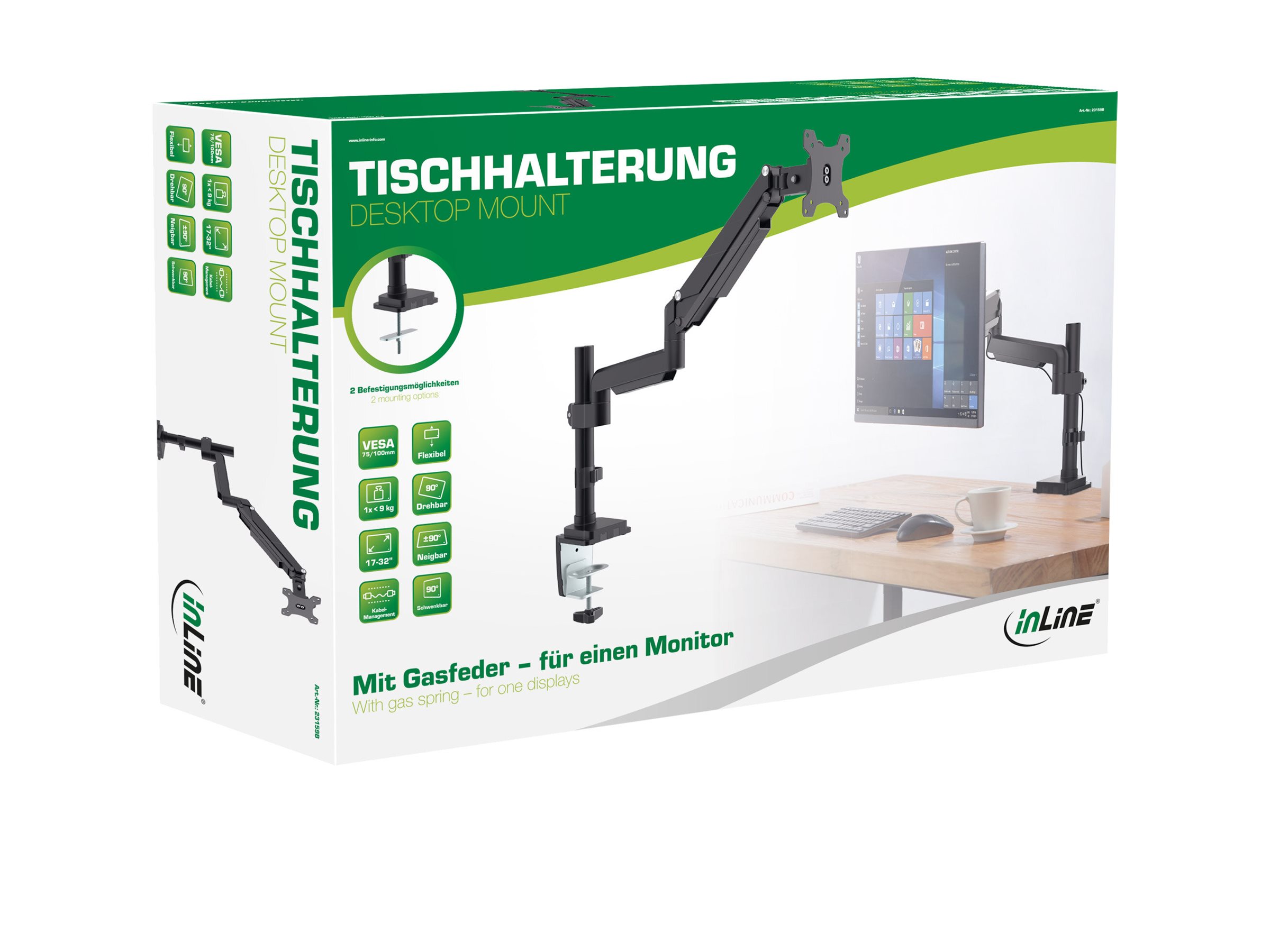 InLine 23159B Monitor-Tischhalterung mit Lifter, beweglich, bis 32", max. 9 kg, Schwarz