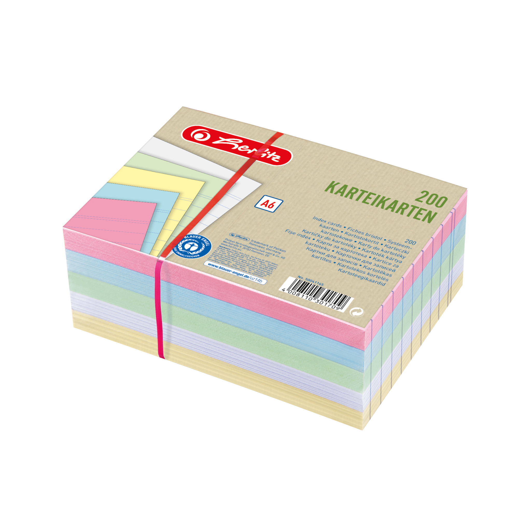 Herlitz Karteikarte A6 liniert 180 g/m² 200 Stück Blauer Engel Mehrfarbig