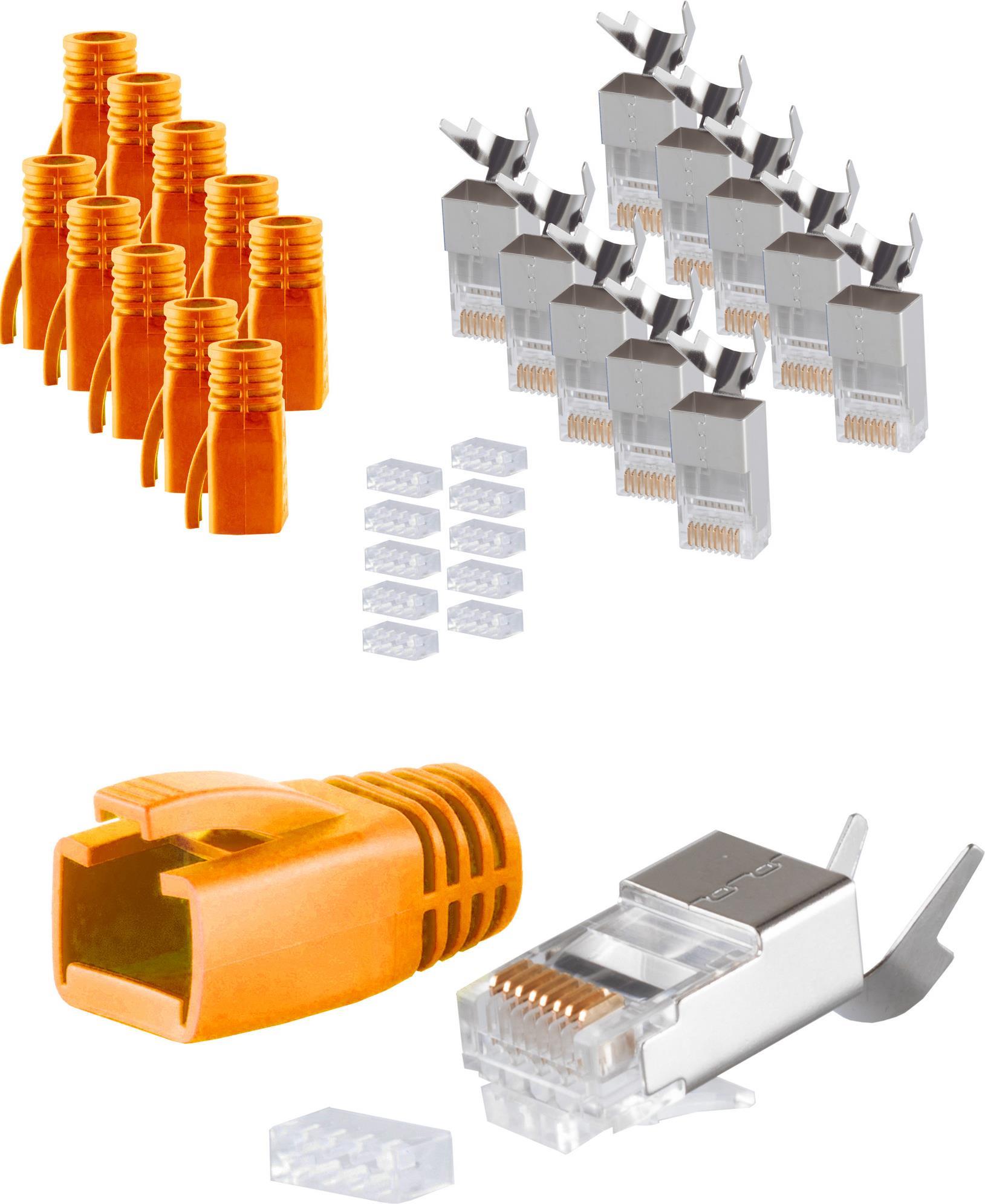 shiverpeaks ®-BASIC-S--Netzwerk Modular Stecker RJ45 SET für Verlegekabel bis AWG 23, Stecker mit Zugentlastung, Einführhilfe und Tülle, Orange VE 10 (BS72067-10O)