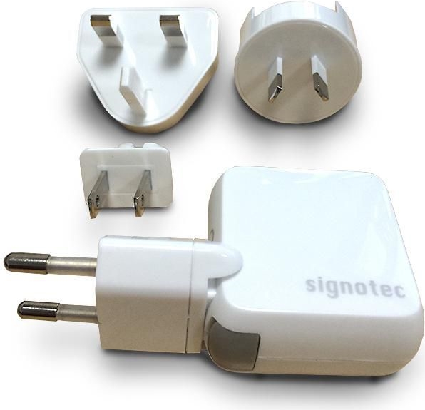 signotec USB Ladegerät 5V DC 2,1A mit 4 internationalen Steckern Weiß