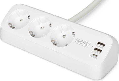 DIGITUS 3-fach Office-Steckdosenleiste mit 2x USB-A und 1x USB-C Anschlüssen, Weiß (DA-70626)