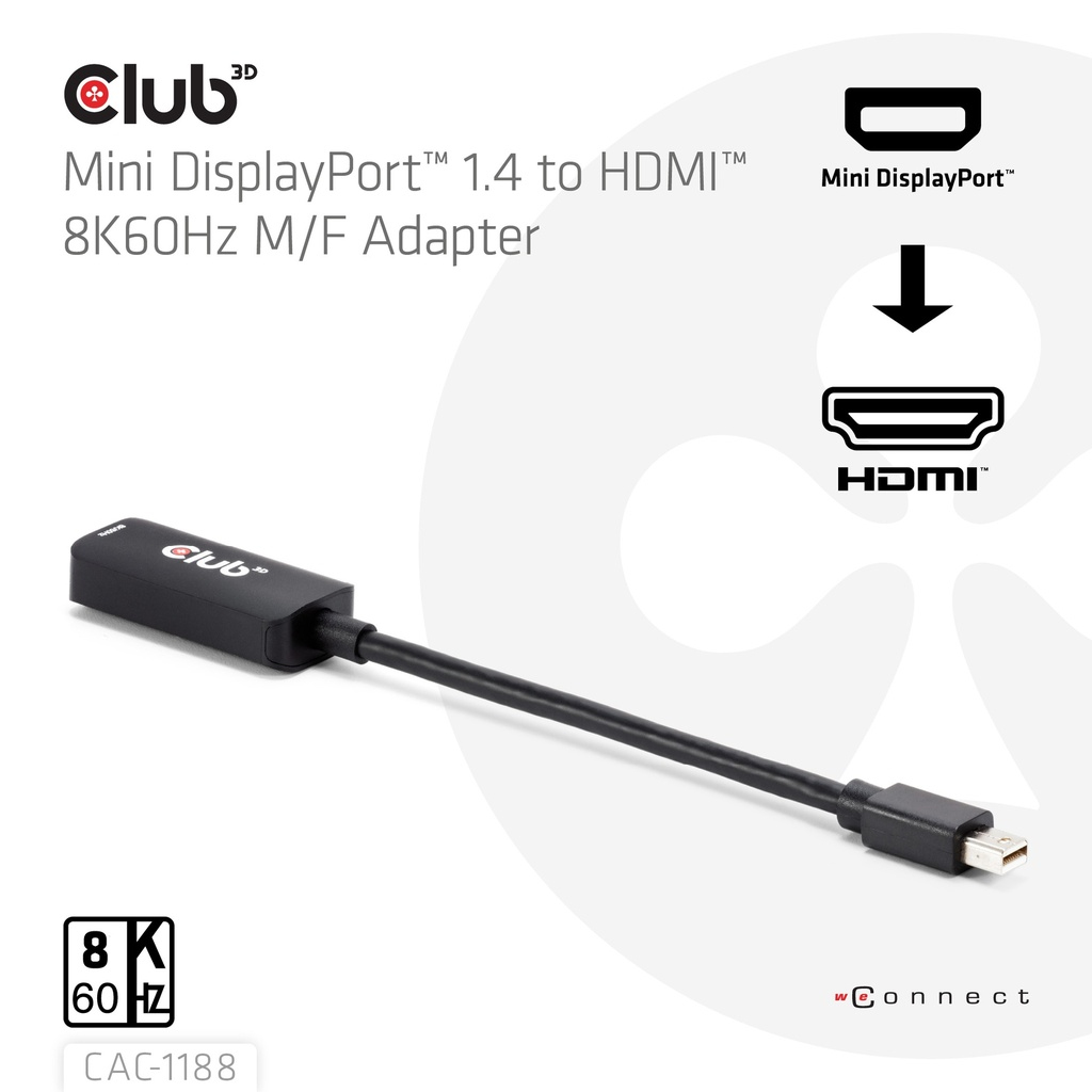 Club 3D CAC-1188 Mini DisplayPort 1.4 auf HDMI Adapter aktiv 8K 60 Hz Schwarz