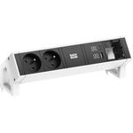 Bachmann DESK2 Steckdosenleiste Farbe weiss, ähnlich RAL9010 mit erhöhtem Berührungsschutz 2xUTE 35° Steckdosen, schwarz 1xUSB A&C 22 Charger 1xCustom Modul leer Zuleitung 0,2m H05VV-F3G1,5mm² schwarz mit GST18i3 Stecker inkl. Haltewinkel Logo verpackt im (902.953)