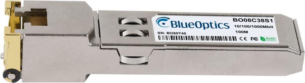 Brocade E1MGTX-A kompatibler BlueOptics© SFP Transceiver für Datenübertragungen in Glasfaser Netzwerken. Unterstützt Fast + Gigabit Ethernet in Switchen, Routern, Storage Systemen und ähnlicher Hardware. BlueOptics SFP Transceiver können optional mit vers (E1MGTX-A-BO)