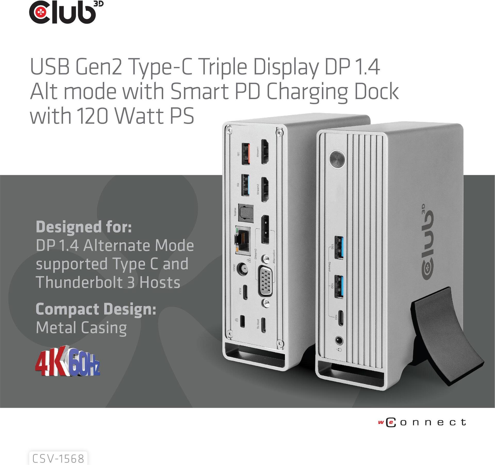 Club 3D CSV-1568 Dockingstation USB-C Triple Display 120 W Metallic
