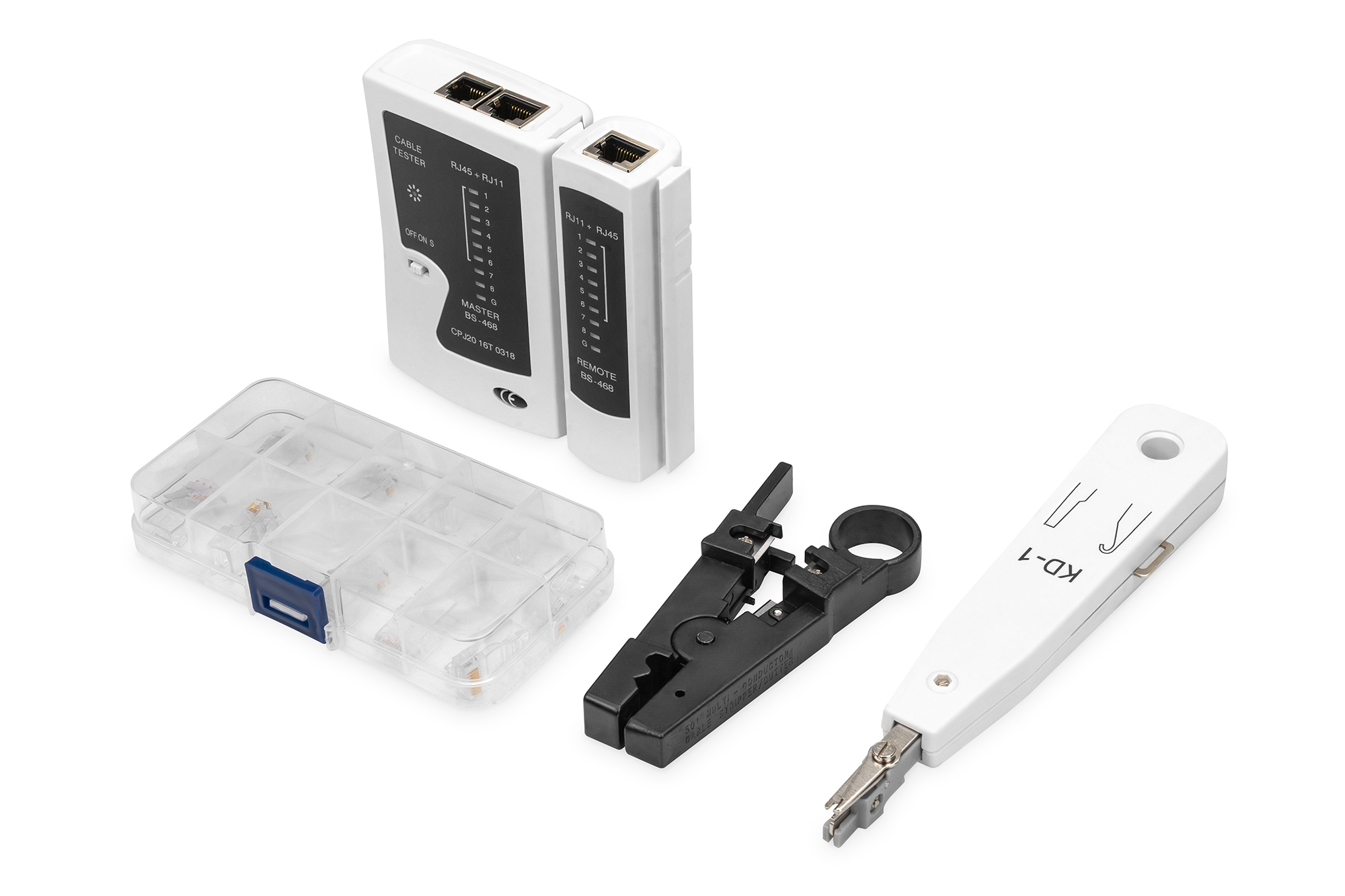 Digitus Netzwerk-Werkzeugset DN-94027 mit LAN-Tester und Crimpwerkzeug, Schwarz, Weiß