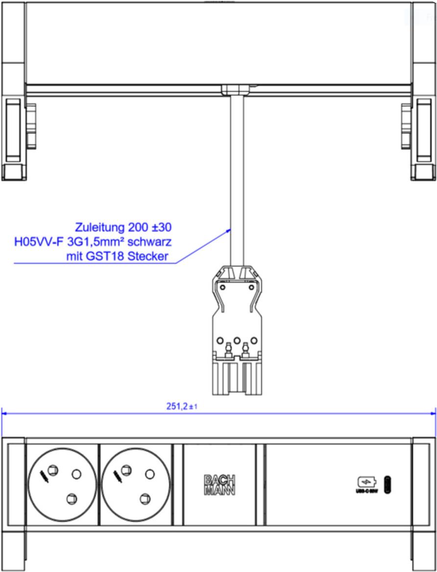 Bachmann DESK2 ALU BLACK Steckdoseneinheit mit erhöhtem Berührungsschutz 2xUTE 35° Steckdosen, schwarz 1xUSB C 60W Charger Zuleitung 0,2m H05VV-F3G1,5mm² schwarz mit GST18i3 Stecker Profil: Aluminium eloxiert (natur) Endkappen: Kunststoff schwarz inkl. Haltewinkel (937.321)