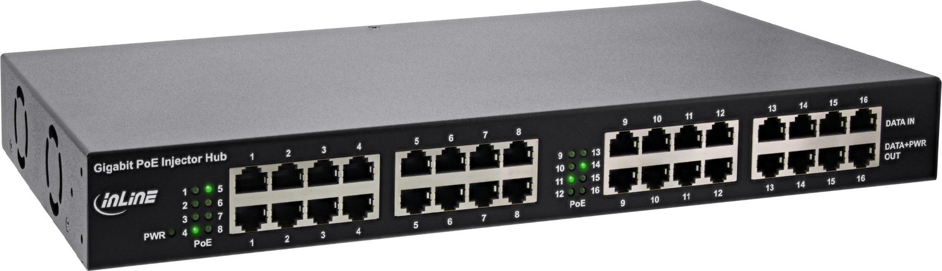 InLine PoE+ Gigabit Netzwerk Injektor Hub 16 Port 250 W Schwarz