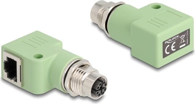 Delock M12 Adapter X-kodiert 8 Pin Buchse zu RJ45 Buchse Cat.5e mit Befestigungsloch 90° gewinkelt grün (60684)