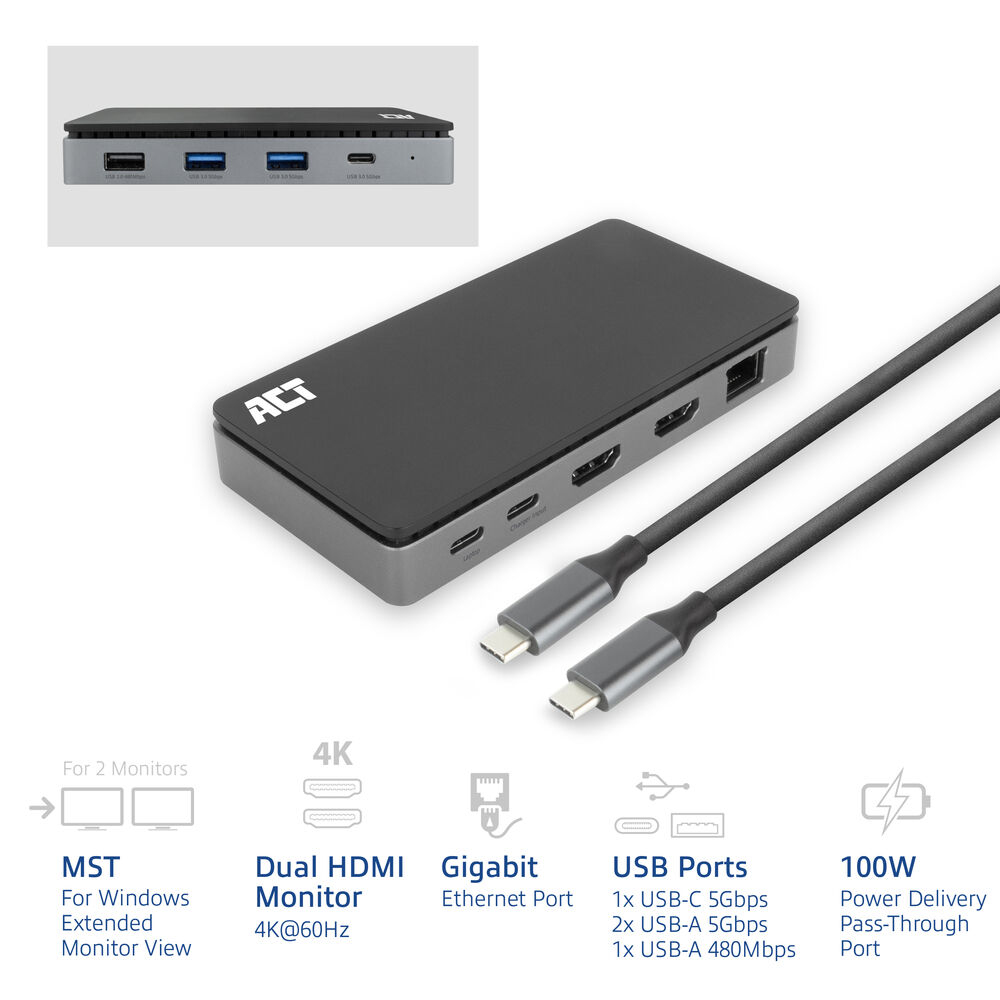 ACT AC7093 USB-C 3.2 Gen 1 Dockingstation 2x HDMI 4K MST Gigabit Ethernet 100 W PD Schwarz, Grau