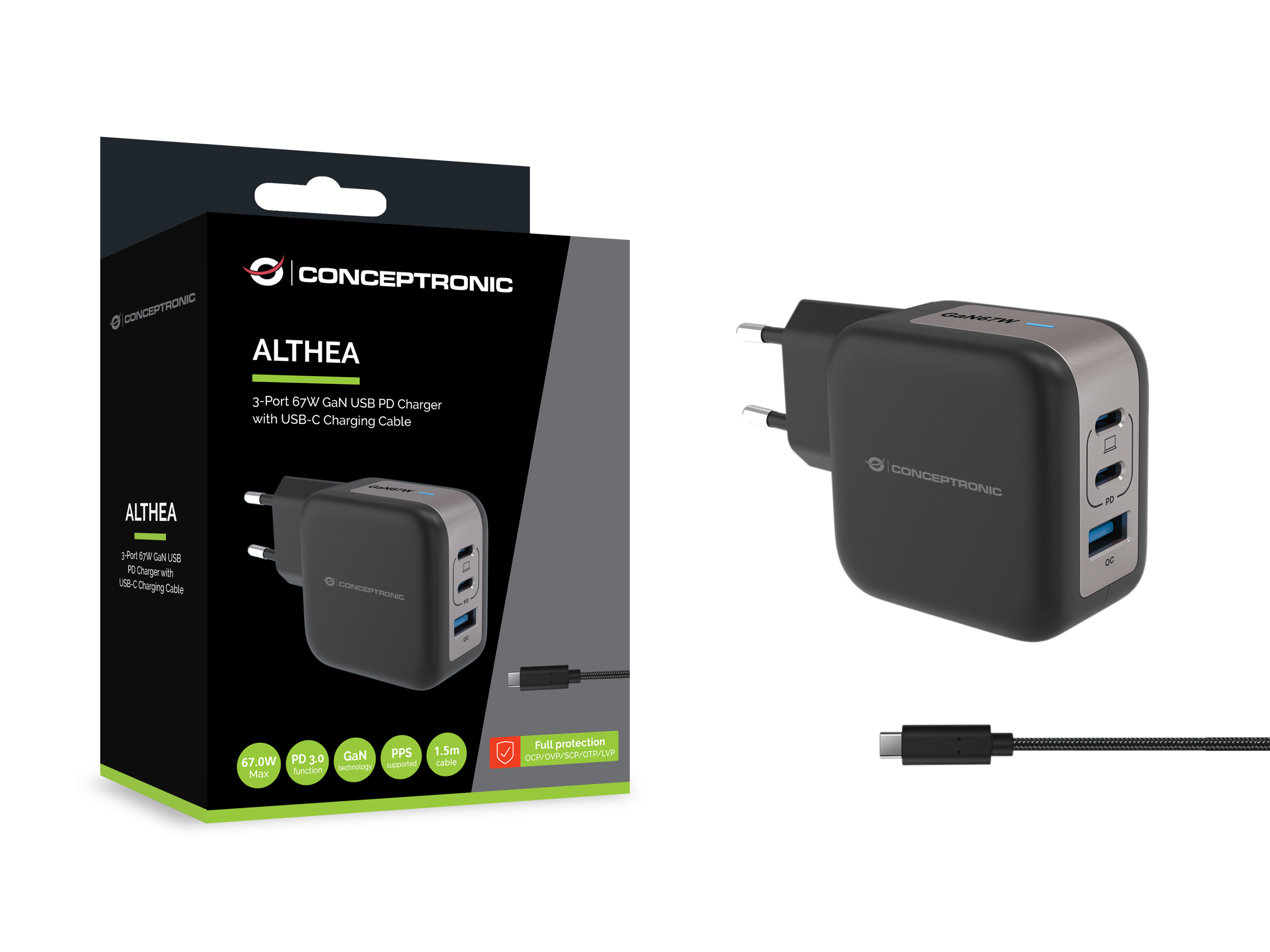 Conceptronic ALTHEA17B GaN Schnellladegerät 67W 2x USB-C 1x USB-A Schwarz