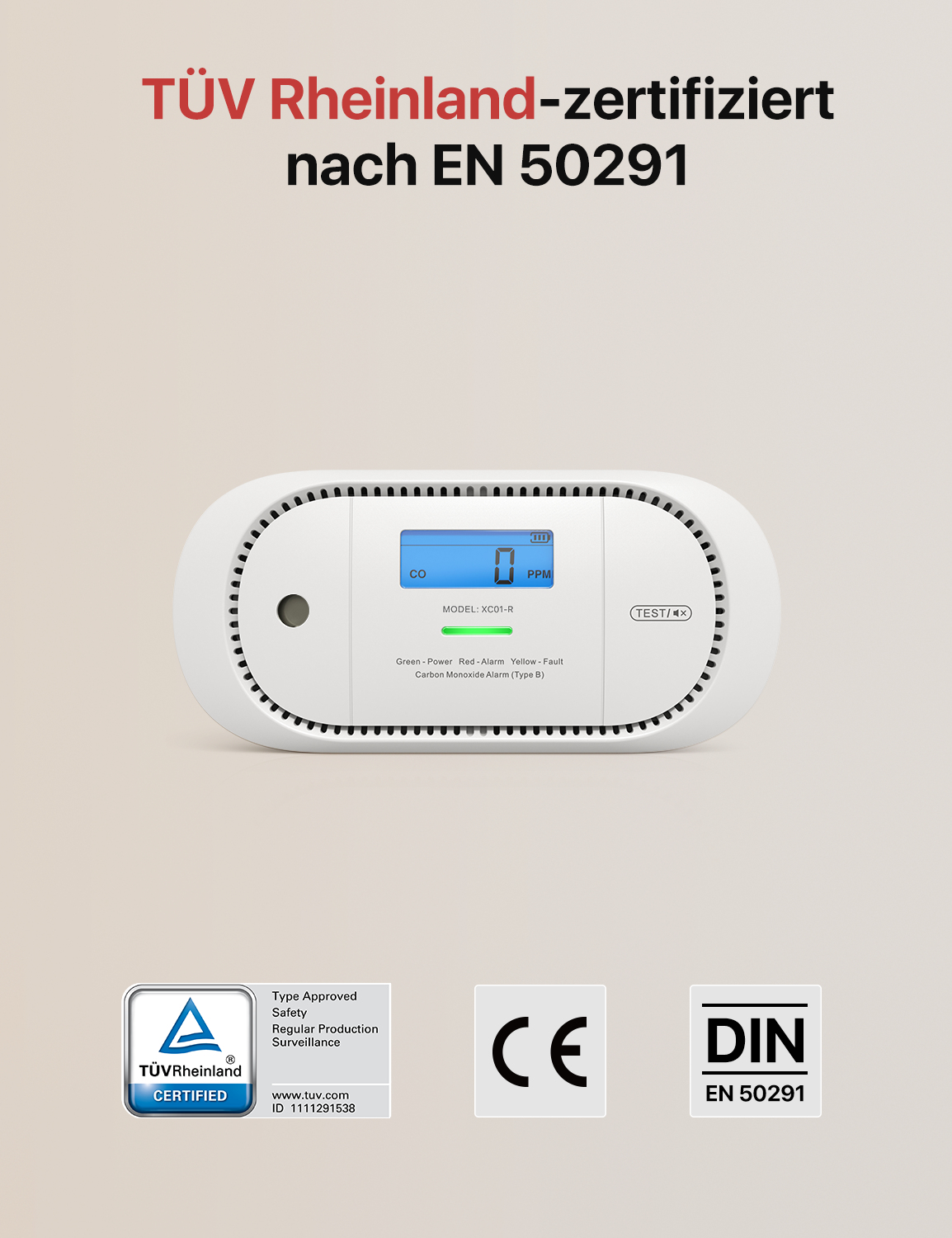 X-Sense XC01-R Kohlenmonoxid-Melder Kabellos 868 MHz Weiß