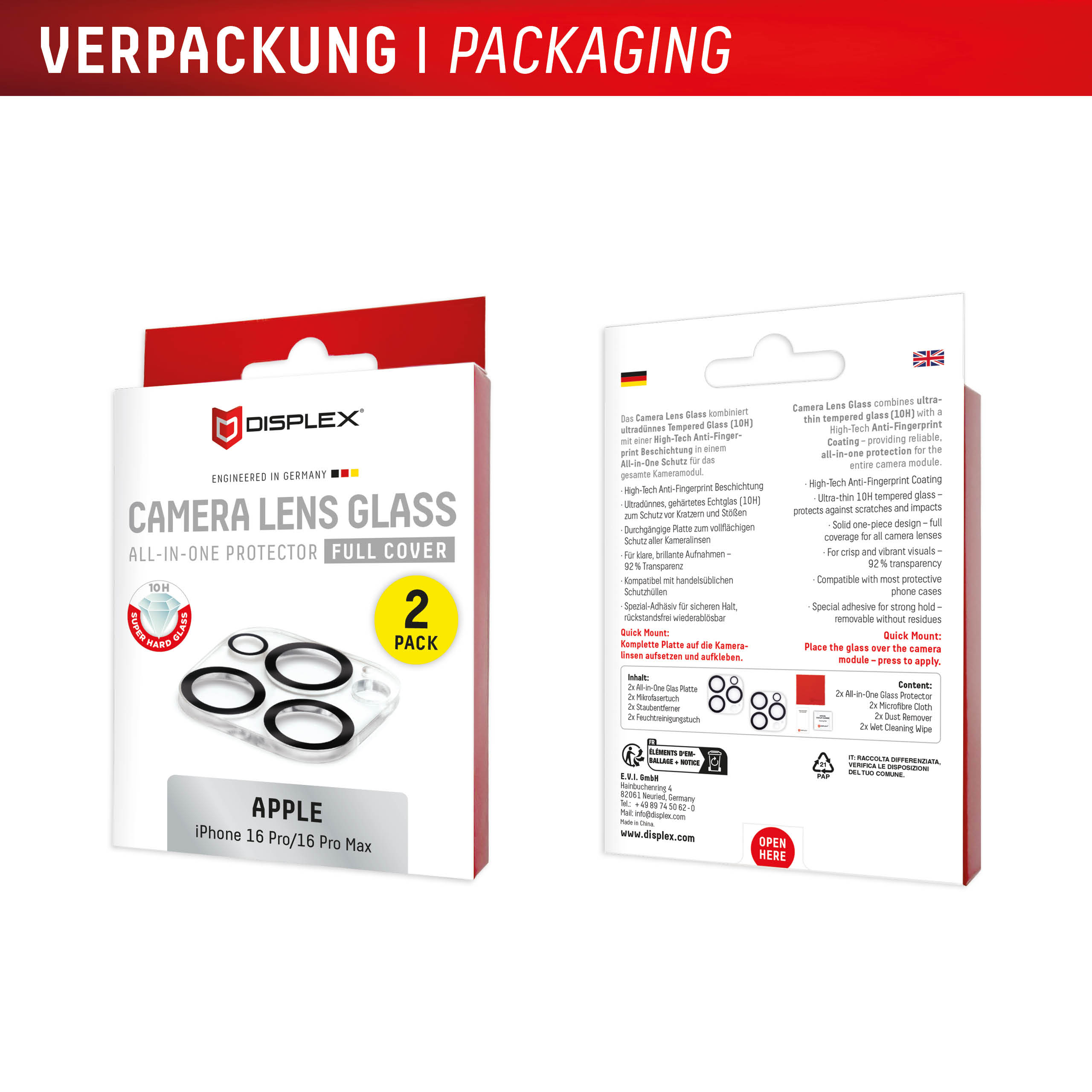 E.V.I. DISPLEX CamGlass All-In-One Kameraobjektivschutz iPhone 16 Pro/16 Pro Max Schwarz, Transparent