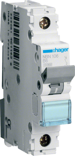 Hager NBN106. Anzahl der Pole: 1P. AC Eingangsfrequenz: 50/60 Hz, Nominale Stromabgabe: 6 A. Breite: 17,5 mm, Tiefe: 70 mm, Höhe: 83 mm (NBN106)