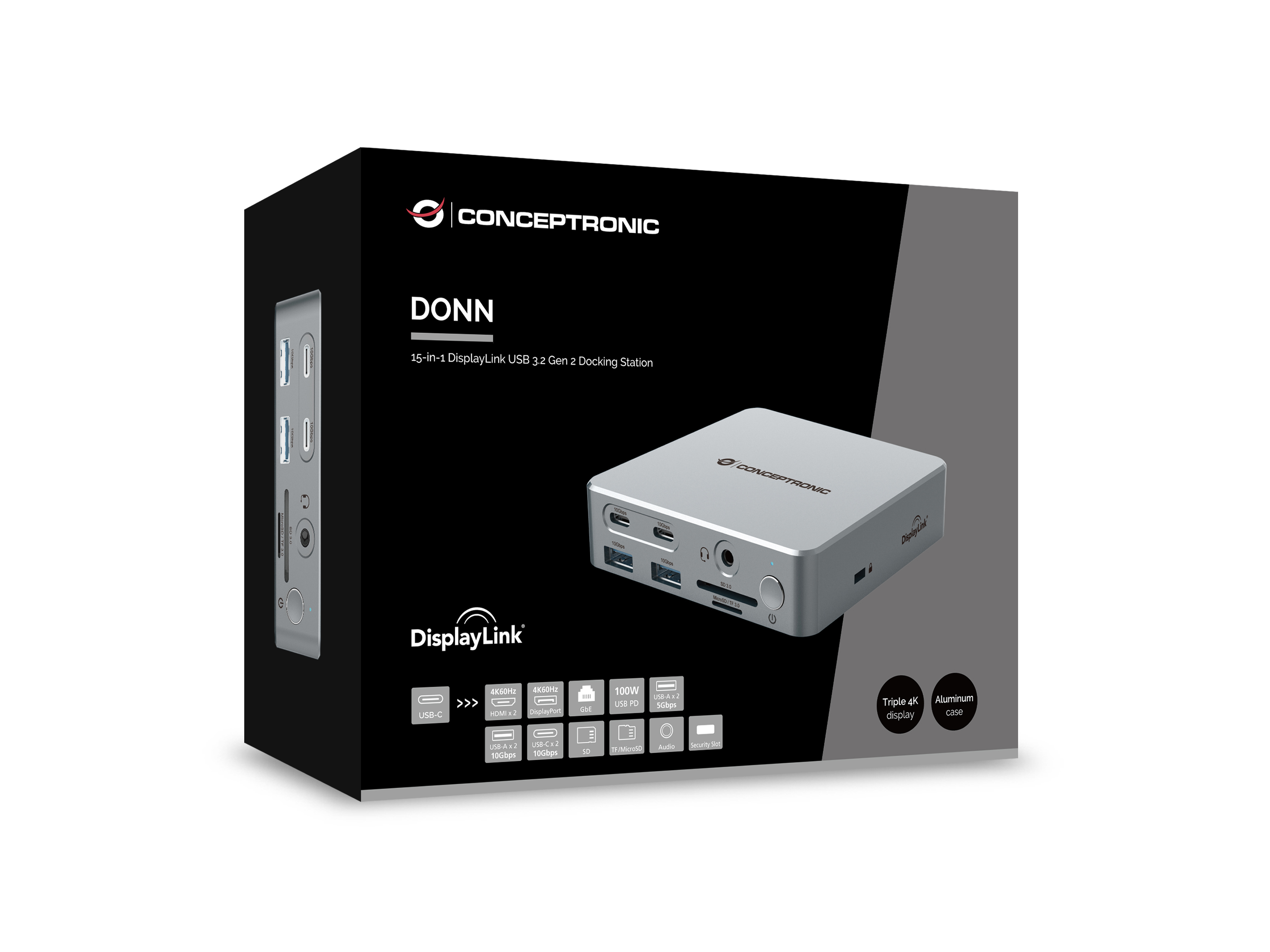 Conceptronic DONN25G 15-in-1 DisplayLink USB 3.2 Gen 2 Dockingstation Silber