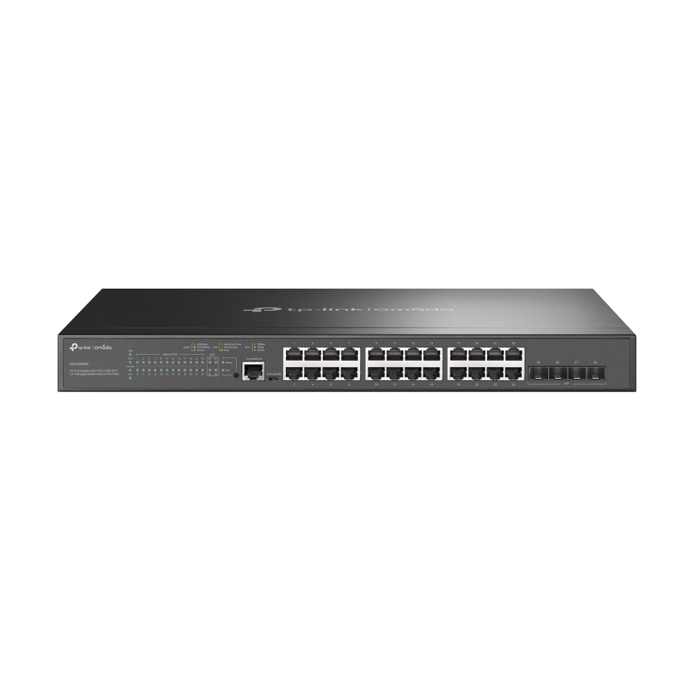 TP-Link JetStream SG3428XMP Managed L2+ Switch, 24x Gigabit RJ-45, 4x SFP+, 384W PoE+, Schwarz