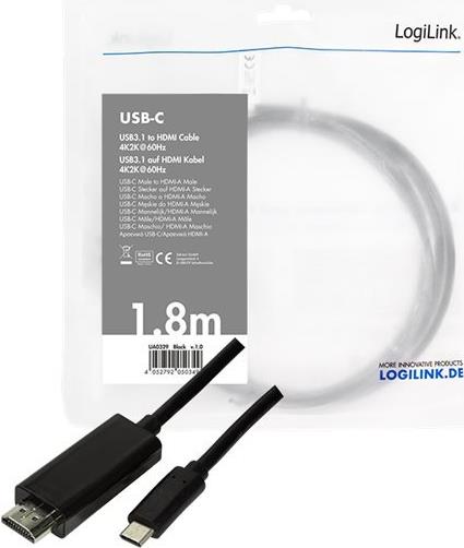 LogiLink USB-C HDMI Anschlusskabel, 1,8 m, schwarz USB-C 3.1 