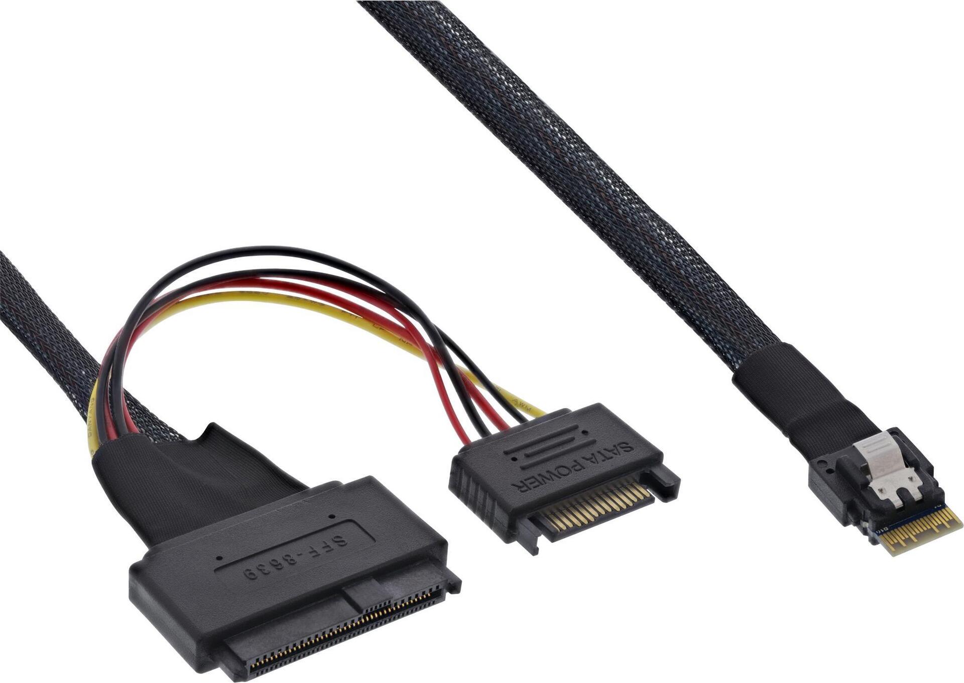 InLine® Slim SAS Kabel, SFF-8654 zu U.2 SFF-8639 + SATA Strom, 24Gb/s, 1m (27644B)