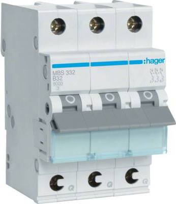 Hager MBS332. Nennstrom: 32 A, AC Eingangsfrequenz: 50/60. Breite: 52,5 mm, Tiefe: 70 mm, Höhe: 83,4 mm (MBS332)