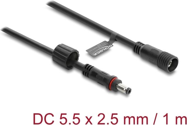 Delock DC Verlängerungskabel 5,5 x 2,5 mm Stecker zu Buchse mit Schraubverschluss M12 x 1,75 mm Gewinde wasserfest 18 AWG, 1 m schwarz (67386)