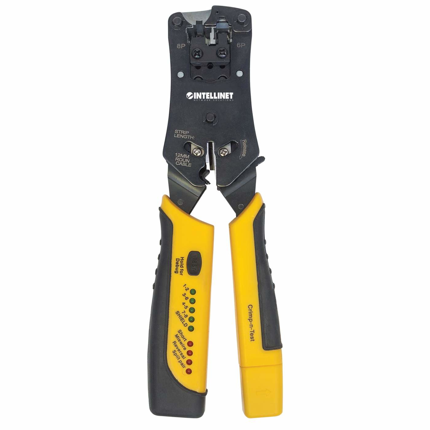 Intellinet Universal Crimpwerkzeug und Kabeltester, 2-in-1 Crimpzange und Kabelprüfer Schwarz, Gelb