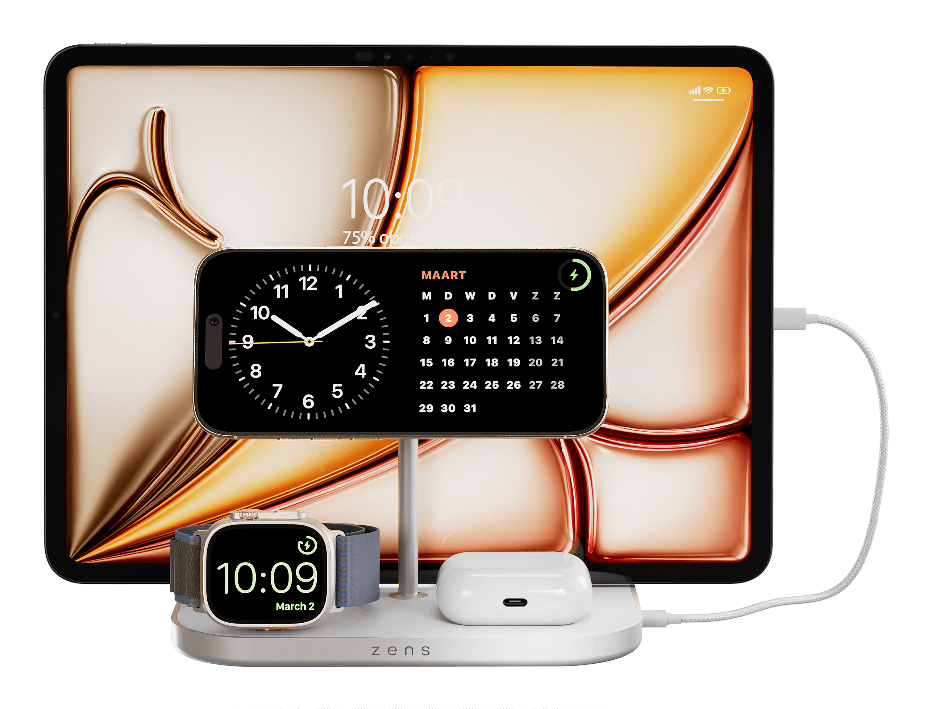 Zens Aluminium Series ZEDC29W/00 4-in-1 Wireless Charger 65 W Qi2 MagSafe Silber, Weiß