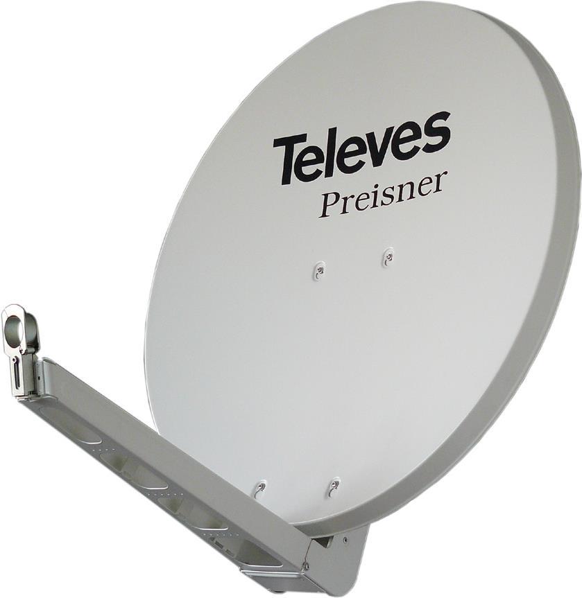 Televes S75QSD-W. Input frequenz-range: 10,7 - 12,75 GHz, Verstärkung dBi (bei Antennenkabel): 38,5 dBi. Durchmesser: 75 cm, Breite: 750 mm, Tiefe: 1,5 mm. Produktfarbe: Weiß. Material: Aluminium (S75QSD-W)