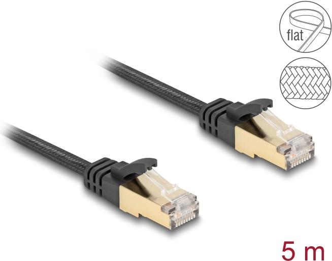 DELOCK RJ45 Flachband Netzwerkkabel mit Geflechtmantel Cat.6A S/FTP Stecker zu Stecker 5 m schwarz (