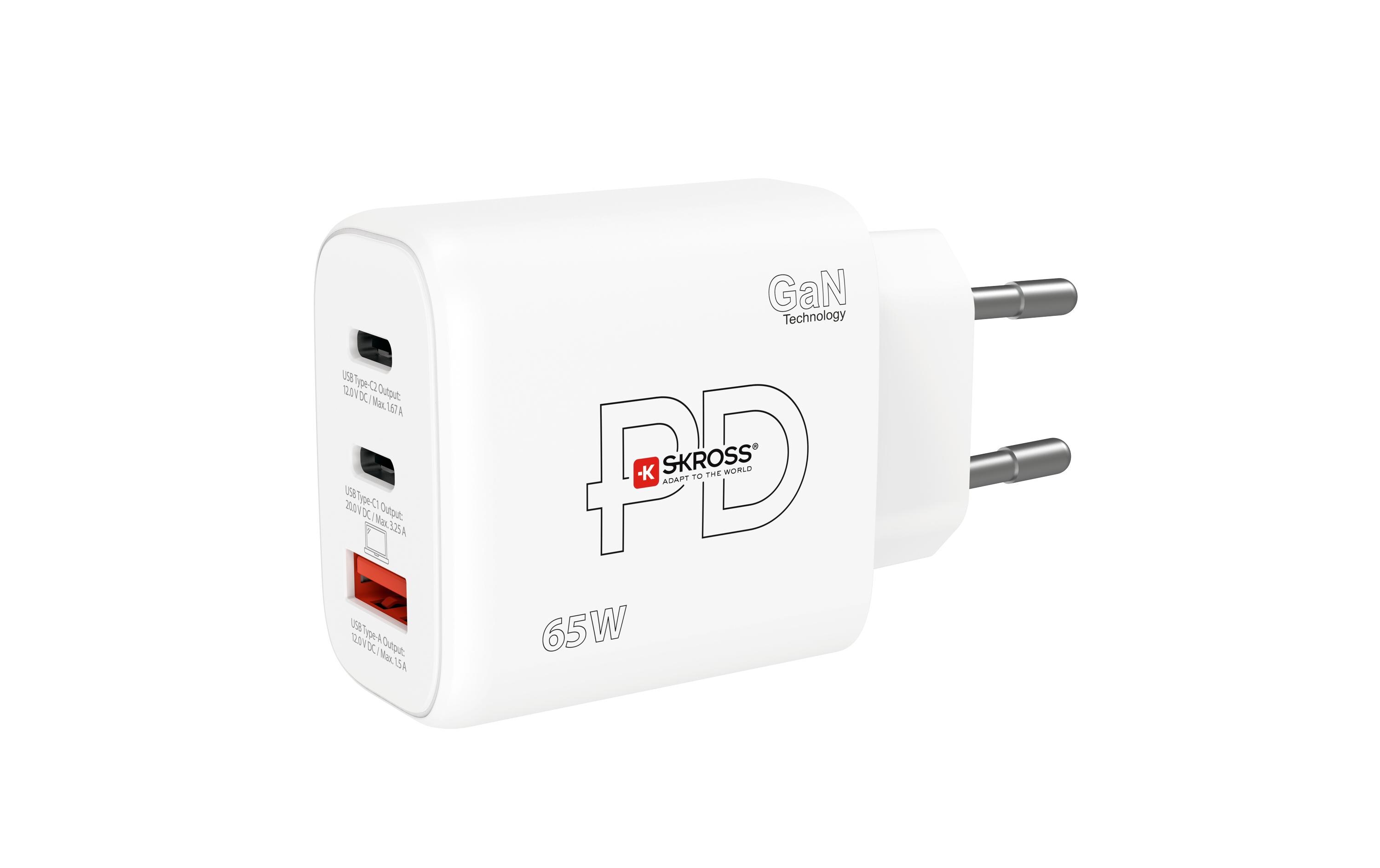 SKROSS Power Charger 65W PD GaN EU 2x USB-C 1x USB-A Weiß