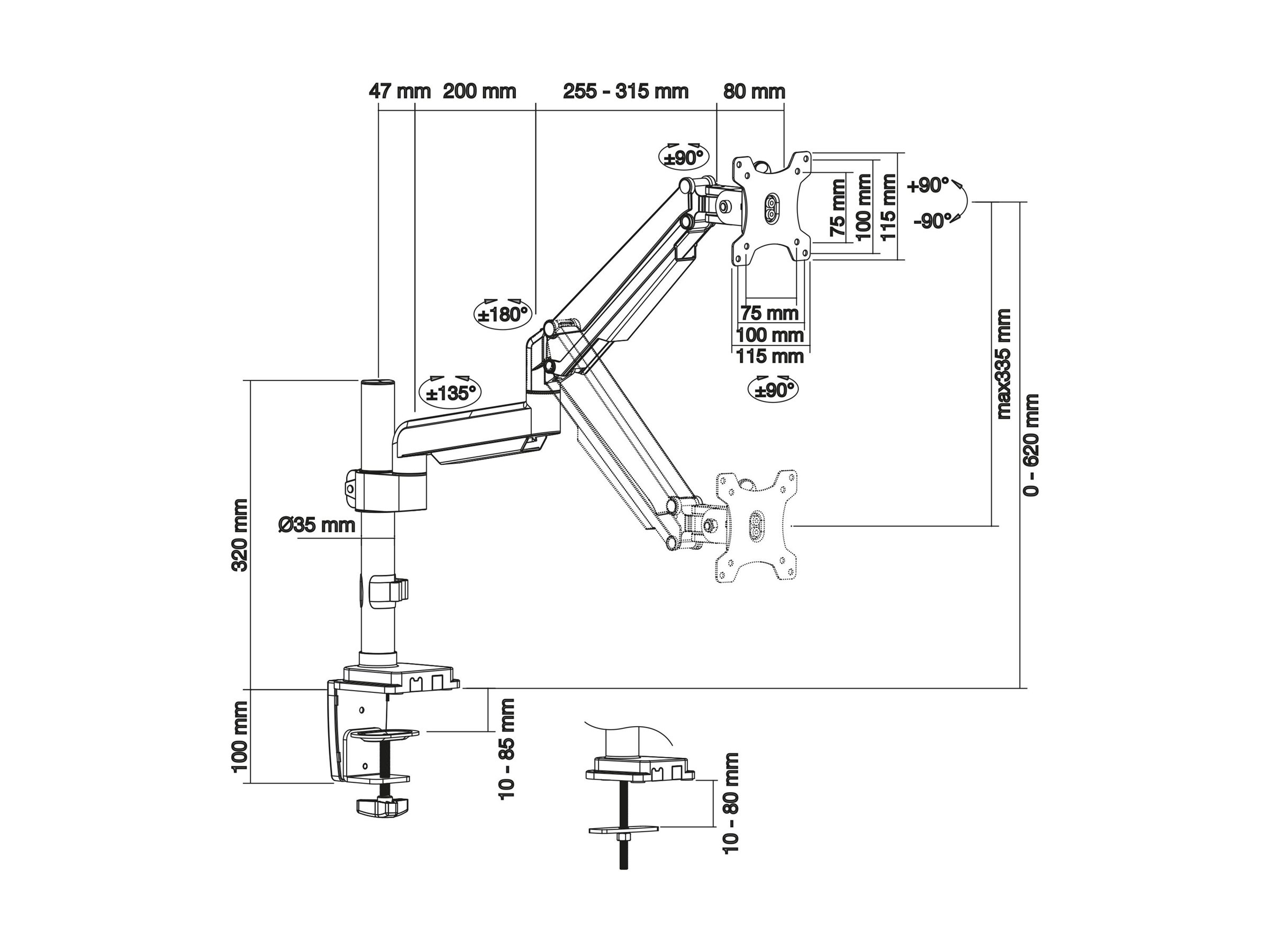 InLine 23159B Monitor-Tischhalterung mit Lifter, beweglich, bis 32", max. 9 kg, Schwarz