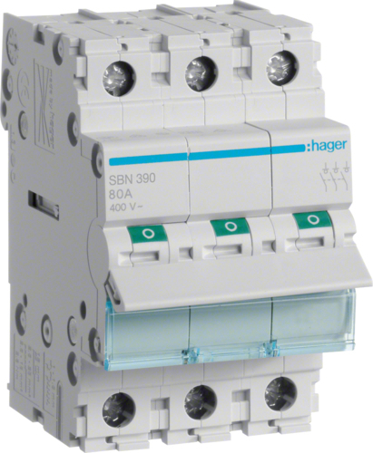 Hager SBN390. Nennstrom: 100 A, Spulenspannung (max): 440 V. Module Menge (max): 3 Modul(e). Breite: 52,5 mm, Tiefe: 68 mm, Höhe: 83 mm (SBN390)