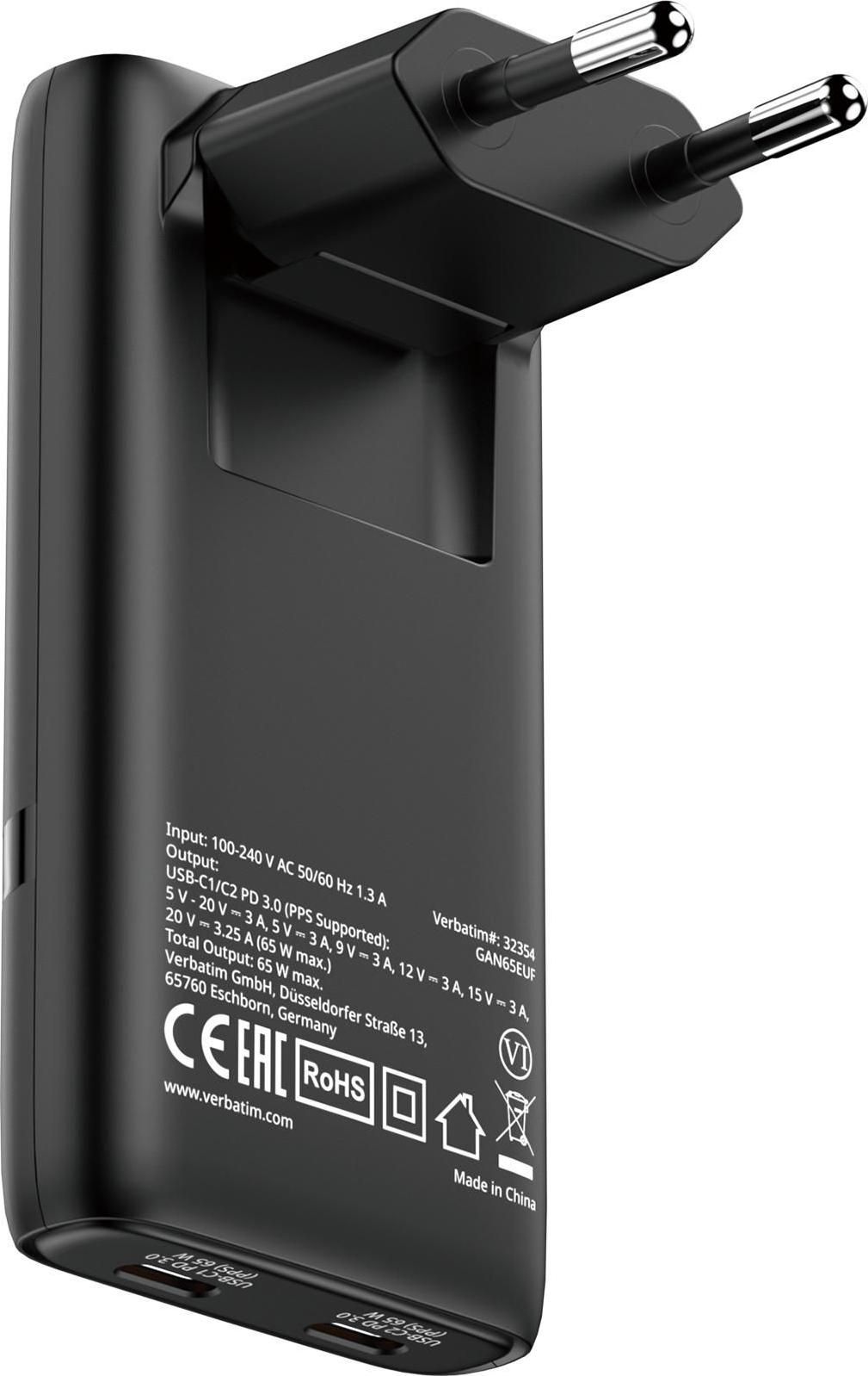 Verbatim GaN III Fold´n´ Go Charger 2 Port 65W USB-C black (32354)