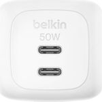 Belkin BOOSTCHARGE 50W DUAL USB-C PD WALL CHARGER WITH PPS WHT (WCH019KQWH)