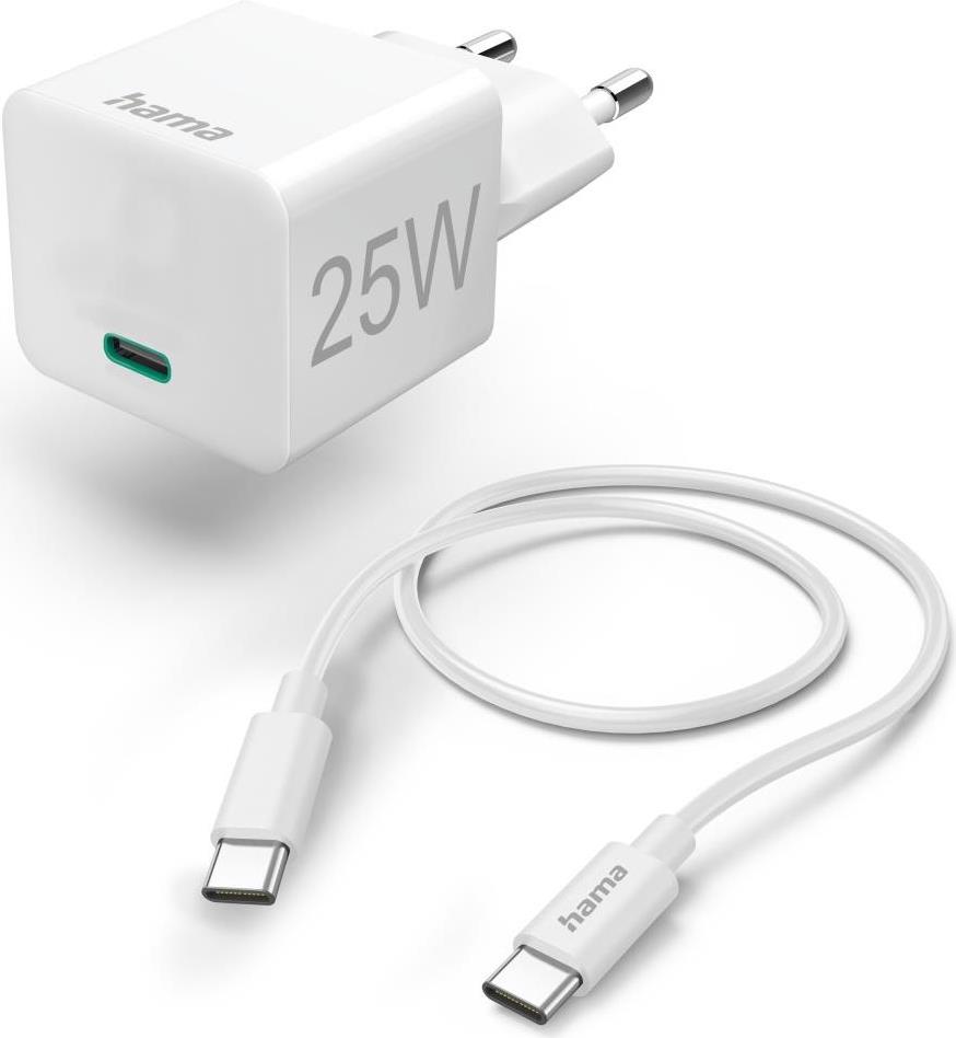 Hama Schnellladegerät mit Ladekabel USB-C, Mini-Ladegerät, PD, 25W, 1,5 m, Weiß (00201624)