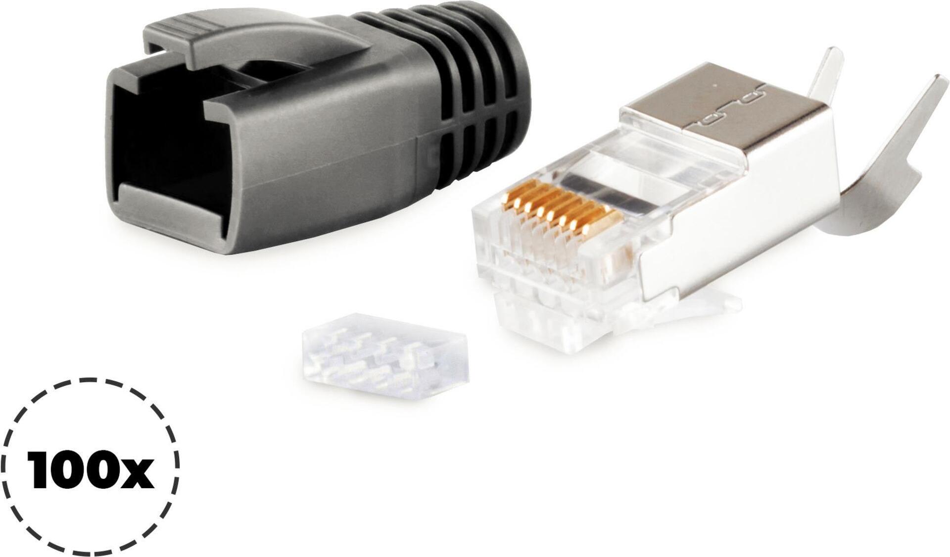 shiverpeaks ®-BASIC-S--Netzwerk Modular Stecker RJ45 SET für Verlegekabel bis AWG 23, Stecker mit Zugentlastung, Einführhilfe und Tülle, schwarz VE 100 (BS72067-100S)