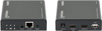 MANHATTAN 1080p HDMI KVM over IP Extender Set HDMI-Signalverlängerung mit 1080p@60Hz bis zu 120 m über ein Cat6-Netzwerkkabel oder IP-fähiges Netzwerk, USB-A-Ports für PC/Maus/Tastatur an Sender- und Empfängermodul, schwarz (207683)