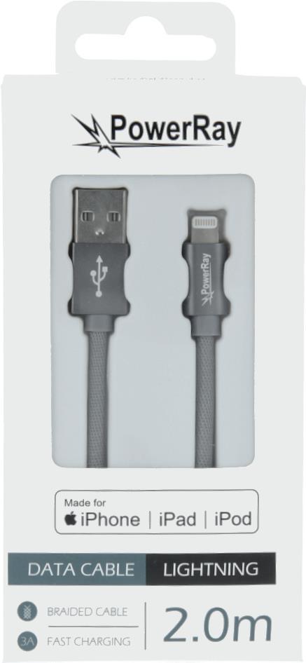 PowerRay Data Cable PR-DCUL200TGY, USB / LIGHTNING MFi, 2.0 m, Textile grey, Blister (PR-DCUL200TGY)