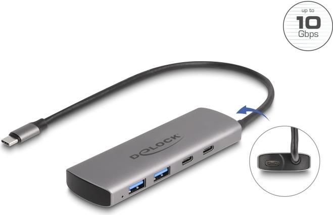 Delock USB 10 Gbps 2 Port Typ-A+ 2 Type-C Hub mit Anschluss und (64299)