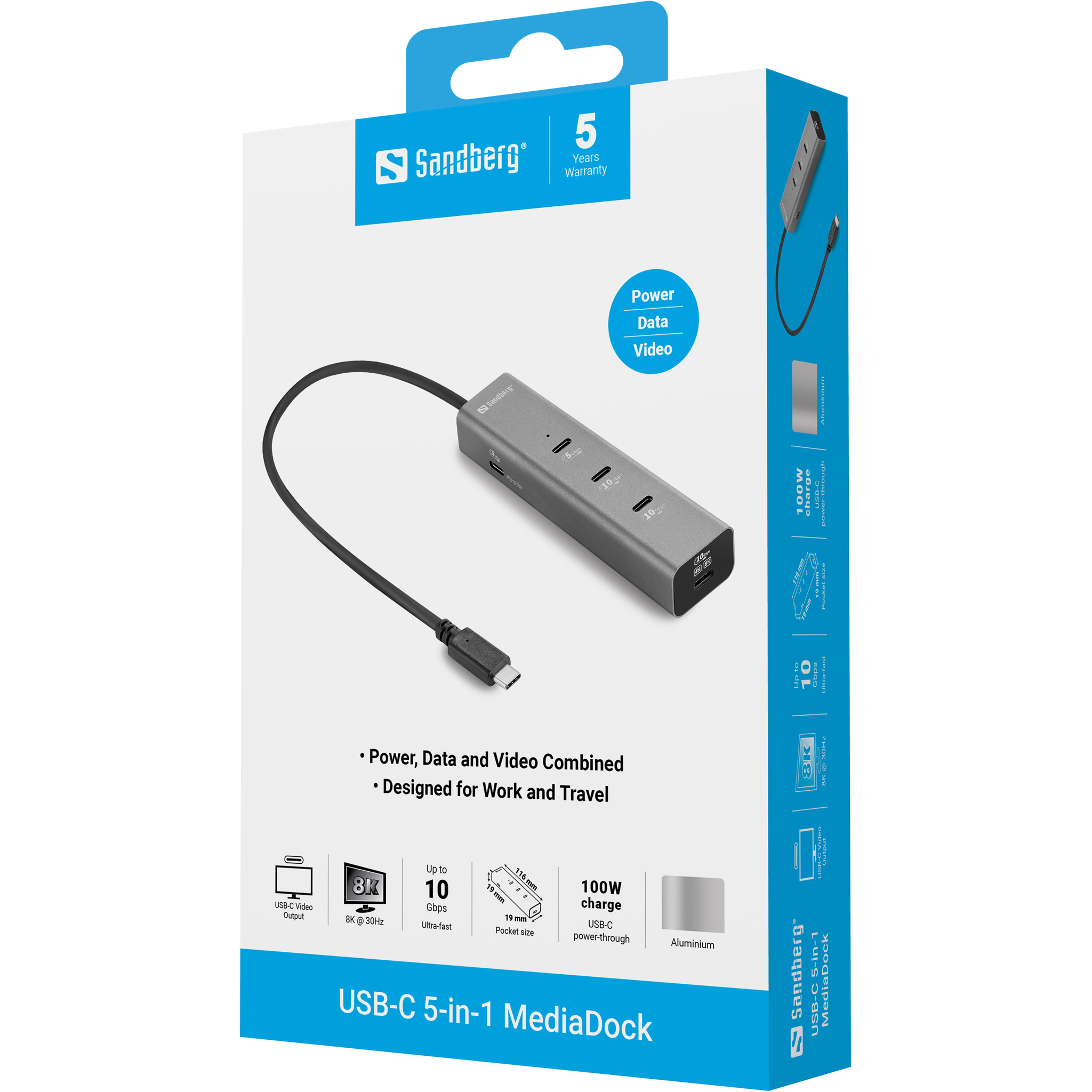 Sandberg 5-in-1 MediaDock Dockingstation 100 W Grau