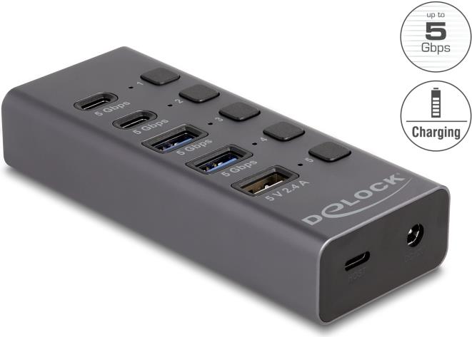 Delock USB 5 Gbps Hub mit 2 x Typ-A und 2 Type-C Buchse 1 Schnellladeport+ (64248)