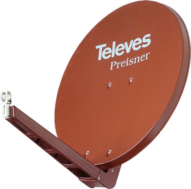 Televes S75QSD-Z. Input frequenz-range: 10,7 - 12,75 GHz, Verstärkung dBi (bei Antennenkabel): 38,5 dBi. Durchmesser: 75 cm, Breite: 750 mm, Tiefe: 1,5 mm. Produktfarbe: Rot. Material: Aluminium (S75QSD-Z)