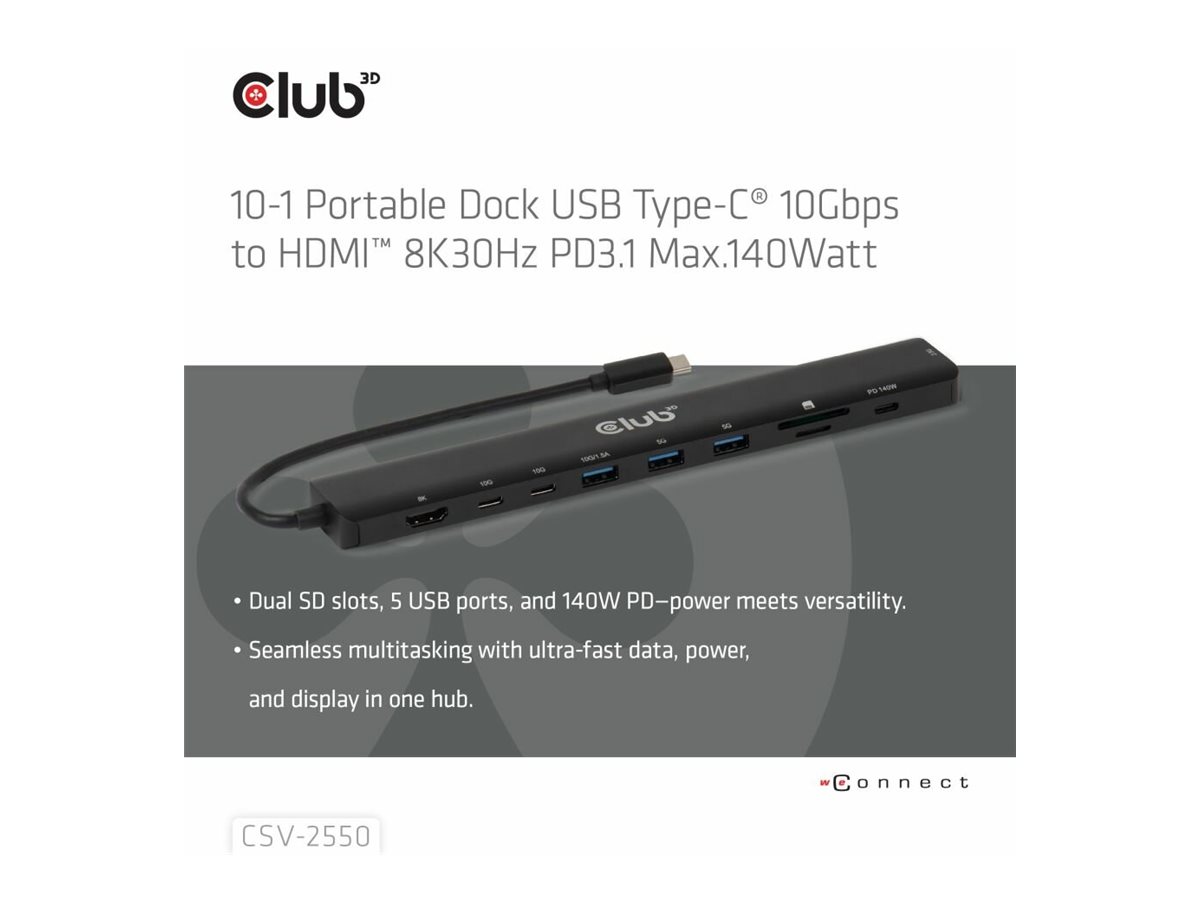 Club 3D CSV-2550 10-in-1 Dockingstation USB-C HDMI 8K 2.5GbE Schwarz