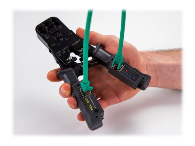 Delock Crimpzange 90511 mit Abisolierer und Netzwerktester für RJ45, RJ12, RJ11 und RJ10 Grau, Schwarz