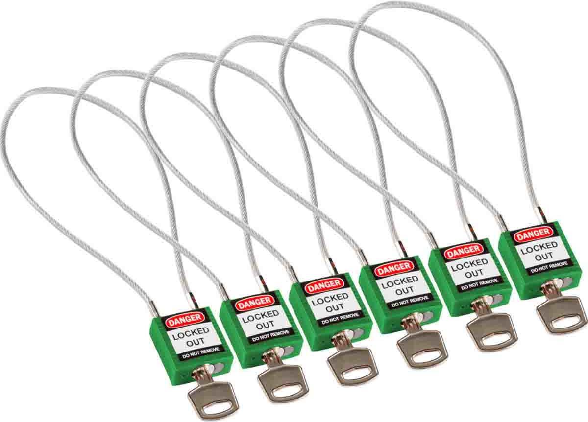 Brady, kompaktes Sicherheitsschloss Nylon mit Kabelbügel, Grün, 400mm Kabellänge, 4,7mm PVC-beschichtetes Kabel (Keyed Different) (6er Pack) (146135)