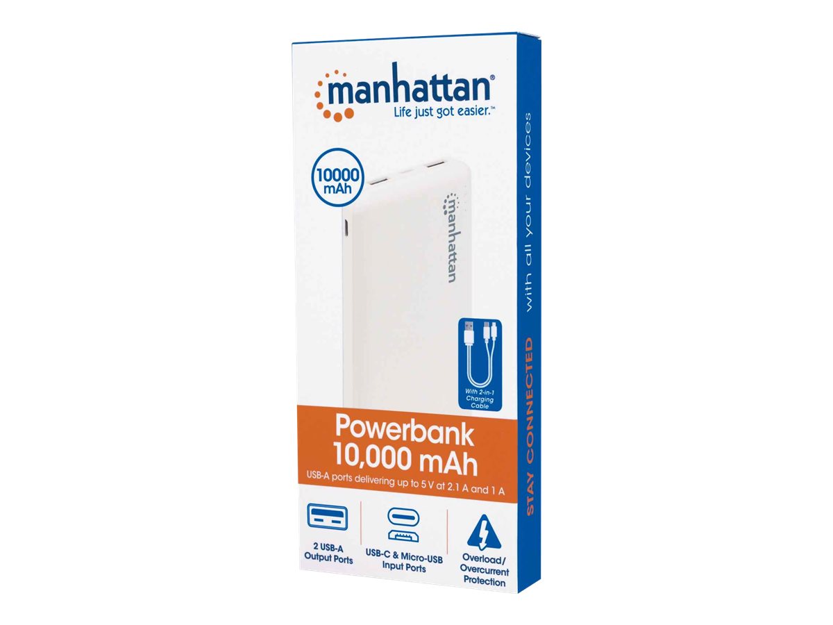 Manhattan Powerbank 10000 mAh 2x USB-A (2,1 A und 1 A) Weiß