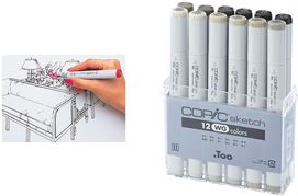 COPIC Marker sketch, 12er Set Grautöne WG Layoutmarker mit zwei Spitzen: Medium und Pinselspitze, - 1 Stück (21075954)