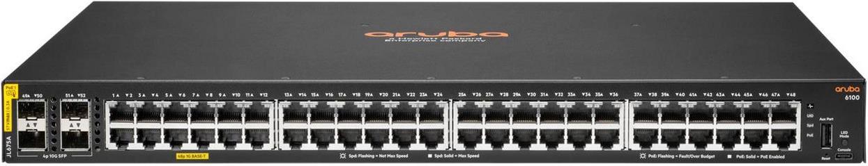 HPE Aruba Networking Aruba 6100 48G Class4 PoE 4SFP+ 370W Managed L3 Gigabit Ethernet (10/100/1000) Power over Ethernet (PoE) 1U Schwarz (JL675A)