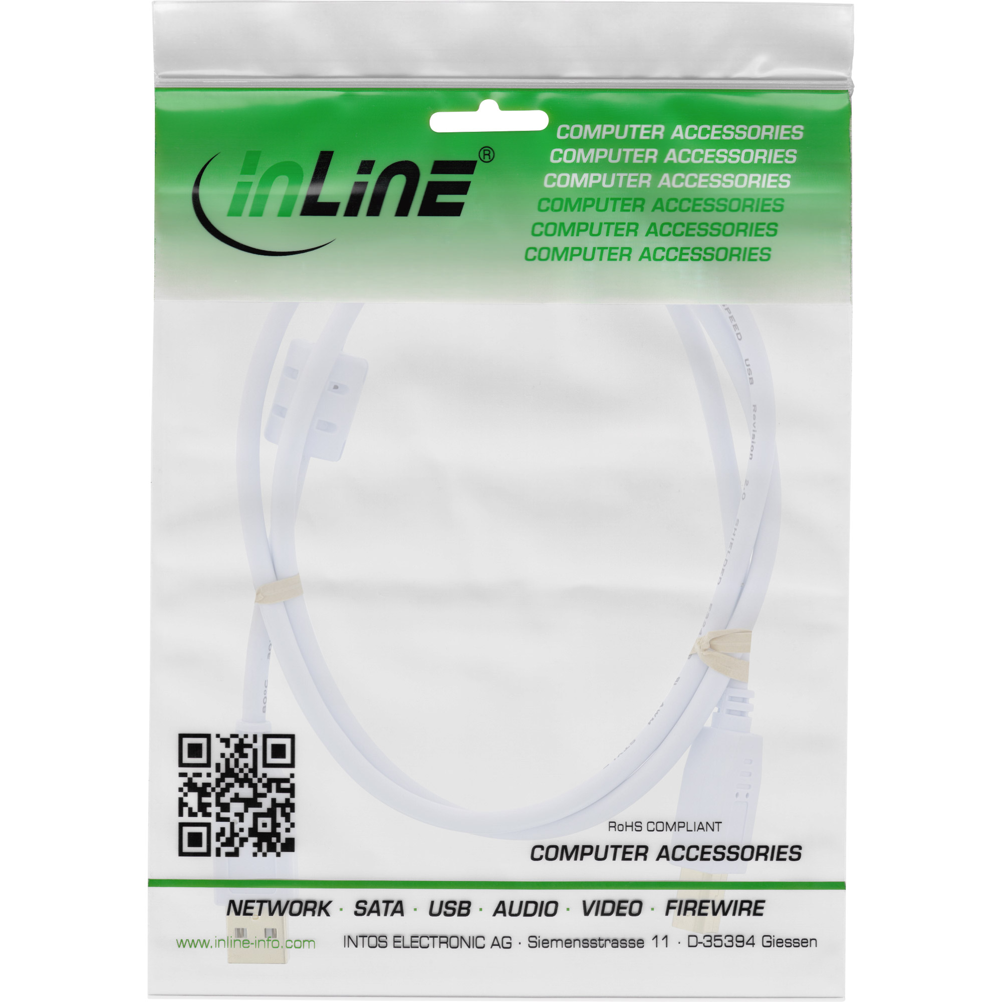 InLine USB 2.0 Kabel USB A an USB B 2 m mit Ferritkern Weiß/Gold