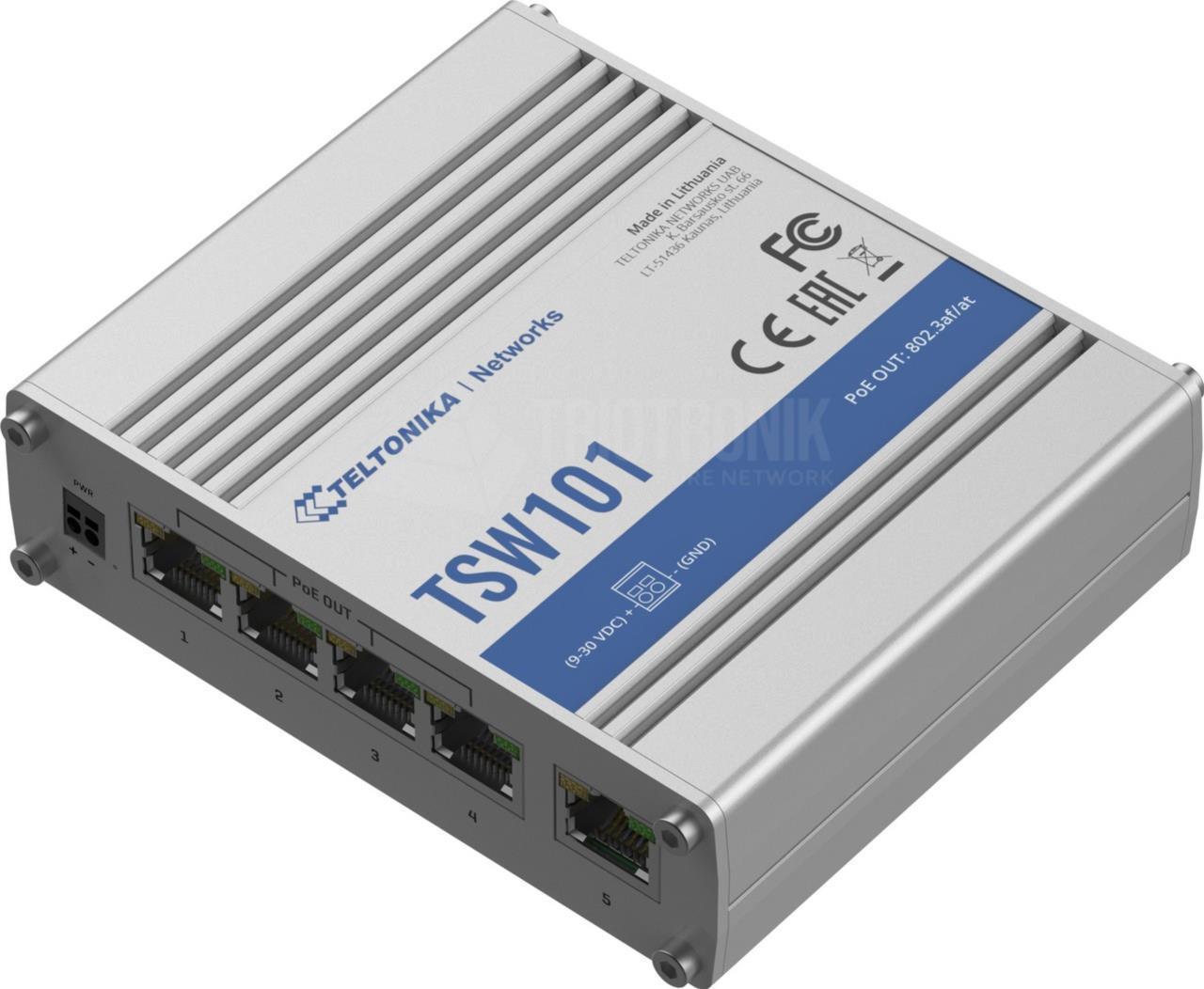 Teltonika IP30 Industrie 5-Port 1Gbit PoE+ unmanaged Switch, -40°C - +75°C Industrie Switche (TSW101)